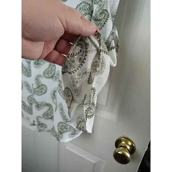 41Hawthorn Green White Paisley V Neck Belle Flare Tie Sleeves Sheer. Size M - Picture 6 of 11